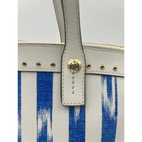 RARE Henri Bendel W 57th Ikat Satchel Tote Blue White & Bag Charm Coastal Chic - Picture 8 of 9